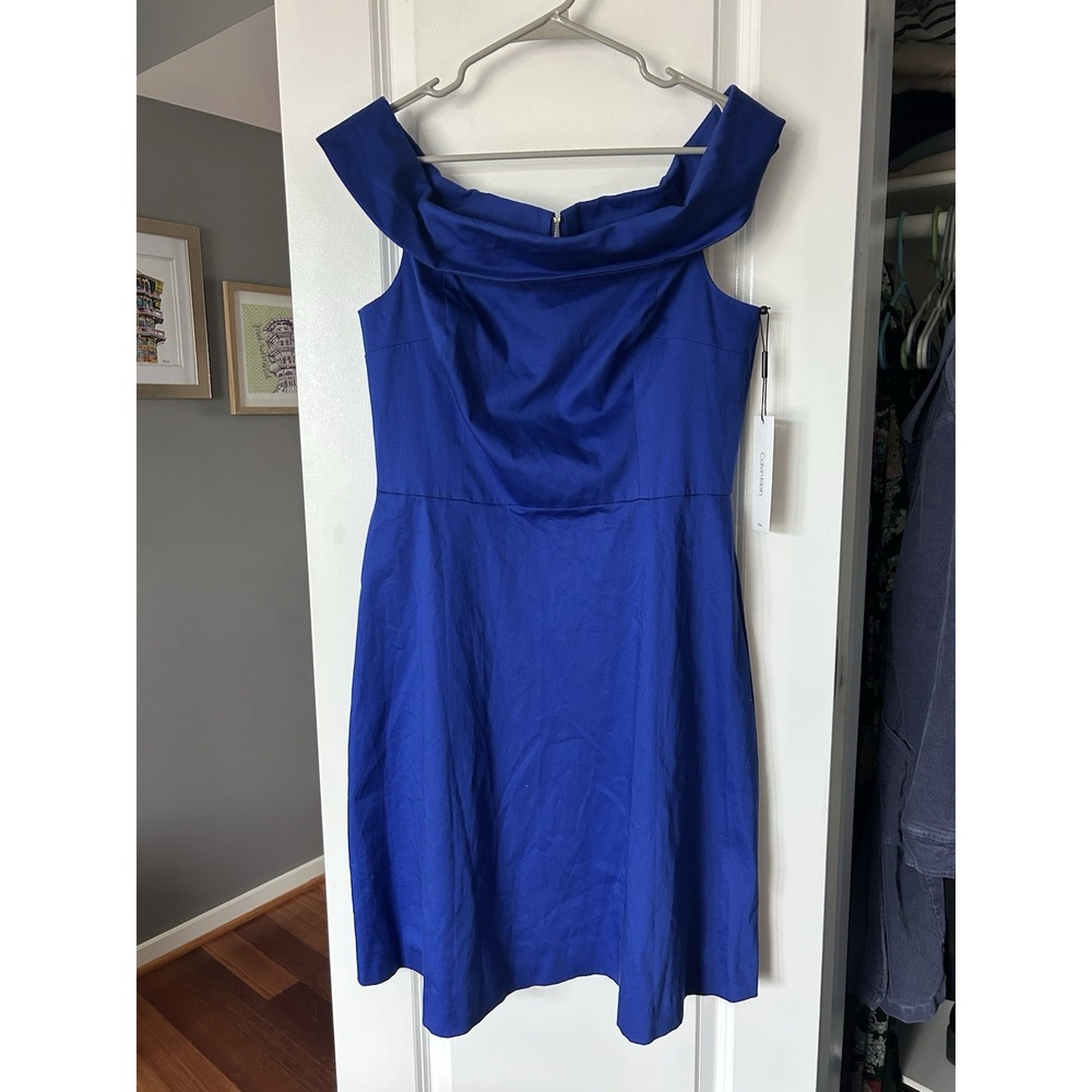 NWT Calvin Klein Women's Blue Off Shoulder Sheath Dress Stretch Pockets Size 12